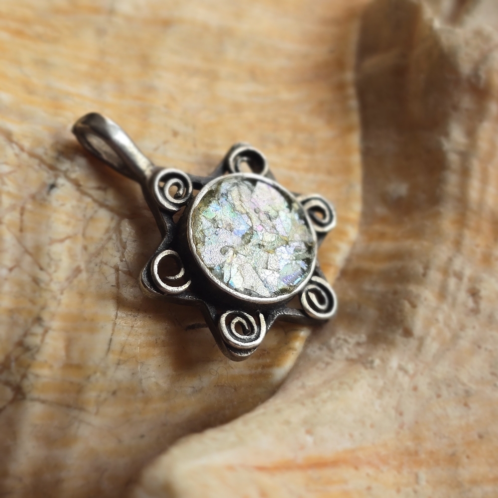 ROMAN GLASS & 925 Sterling Silver Star of David Pendant Made In Israel